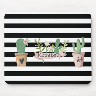 Kaktus-Blume Schwarz-Weiß-Streifen Mousepad