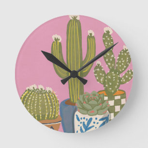 Kaktus Blumen Pink Runde Wanduhr