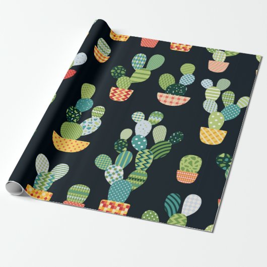 Kaktus nahtloses Muster im Patchwork-Stil mit Pl Geschenkpapier (Ungerollt)