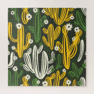 Kaktus Schwarz Hintergrund Vintage-Muster Puzzle