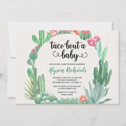 Kaktus Succulents, Tacokampf ein Babypartymädchen Einladung (Vorderseite)
