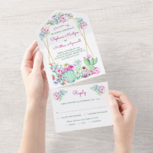 Kaktus Sukkulente Geometrische Pink Hochzeit All In One Einladung