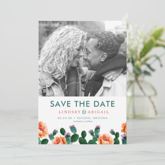 Kaktus und Blume Save the Date (Stehend Vorderseite)