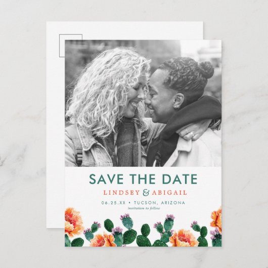 Kaktus und Blume Save the Date Postkarte (Vorne/Hinten)