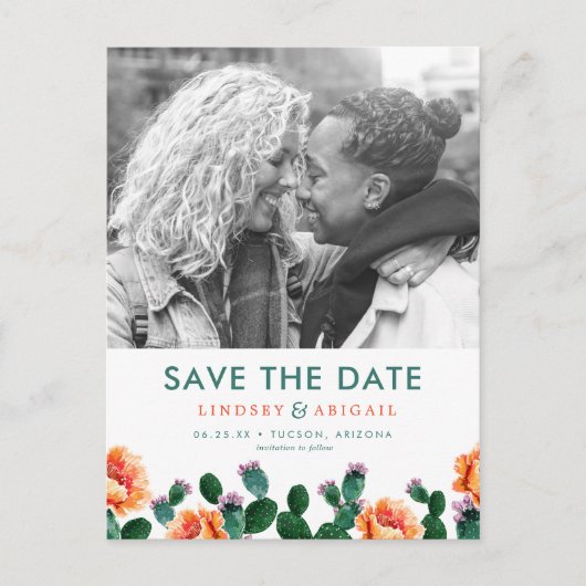 Kaktus und Blume Save the Date Postkarte (Vorderseite)