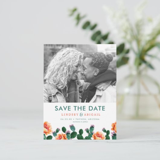 Kaktus und Blume Save the Date Postkarte (Stehend Vorderseite)