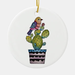 Kaktus-und Regenbogen-Vogel im Aquarell Keramik Ornament