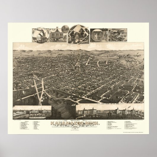 Kalamazoo, MI Panoramic Map - 1883 Poster (Vorne)
