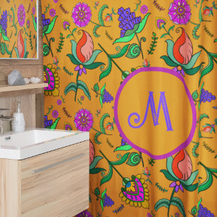 Kalamkari farbenfrohe Blume Gelb Hintergrund Grün Duschvorhang