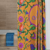 Kalamkari farbenfrohe Blume Gelb Hintergrund Grün Duschvorhang