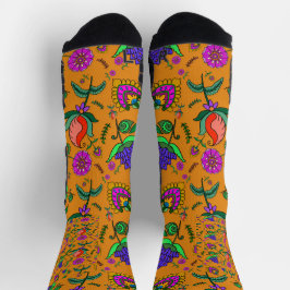 Kalamkari farbenfrohe Blume Gelb Hintergrund Grün Socken