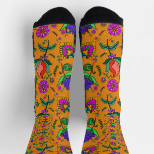 Kalamkari farbenfrohe Blume Gelb Hintergrund Grün Socken