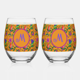 Kalamkari farbenfrohe Blume Gelb Hintergrund Grün Weinglas Ohne Stiel