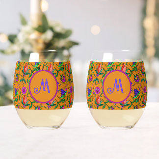 Kalamkari farbenfrohe Blume Gelb Hintergrund Grün Weinglas Ohne Stiel