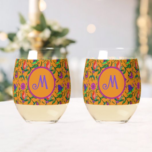 Kalamkari farbenfrohe Blume Gelb Hintergrund Grün Weinglas Ohne Stiel (Insitu (Hochzeit))