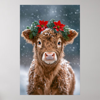 Kalb im Schnee mit Weihnachtssternkranz Poster