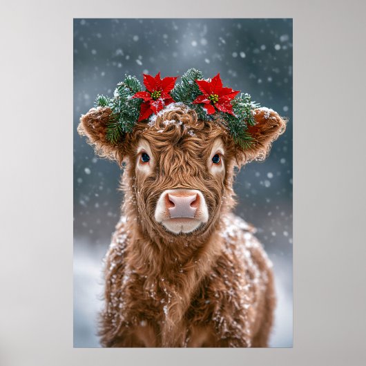 Kalb im Schnee mit Weihnachtssternkranz Poster (Vorne)