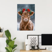 Kalb im Schnee mit Weihnachtssternkranz Poster (Heimbüro)