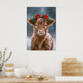 Kalb im Schnee mit Weihnachtssternkranz Poster (Küche)