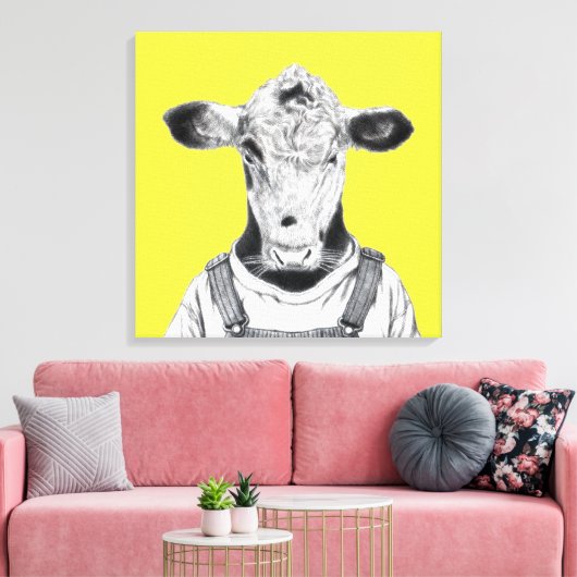 Kalb in Dungaree (Retro-Gelb) Leinwanddruck (Insitu (Wohnzimmer))
