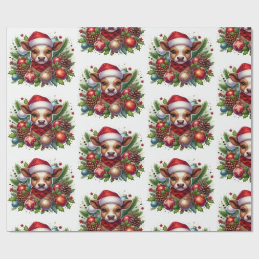 Kalb in Weihnachtsmannmütze Umgeben von Weihnachts Geschenkpapier (Flach)