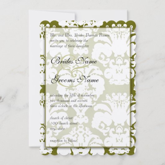 Kale Green Damask Vintage Wedding Einladungen (Rückseite)