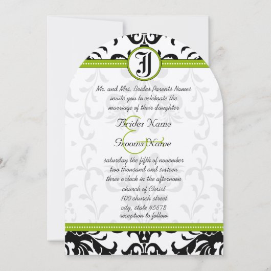 Kale Green Monogram Damask Einladung zur Hochzeit (Vorderseite)