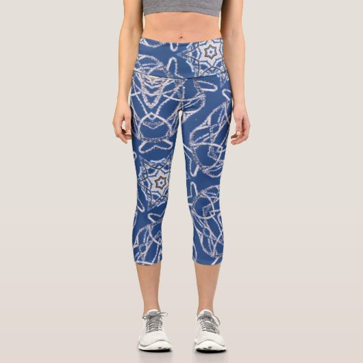Kaleidoscope Bright Blue, White, Single Star Capri Leggings (Vorderseite)