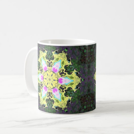 Kaleidoskop-Blume Gelb und Rosa Kaffeetasse (Vorderseite Links)