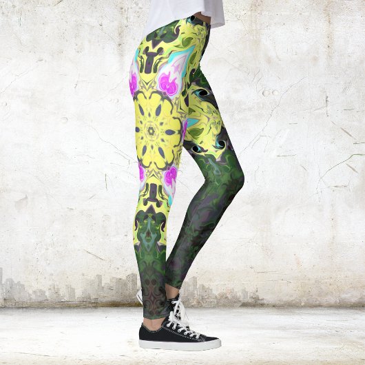 Kaleidoskop-Blume Gelb und Rosa Leggings