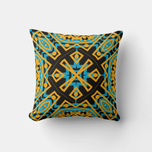 Kaleidoskop-Design, Light Blue, Gold, Black Kissen