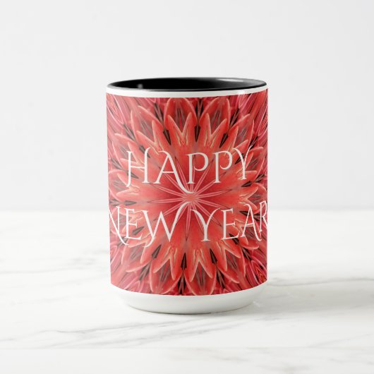 Kaleidoskop Design Red Blume Happy Neujahrstext Tasse (Zentrum)