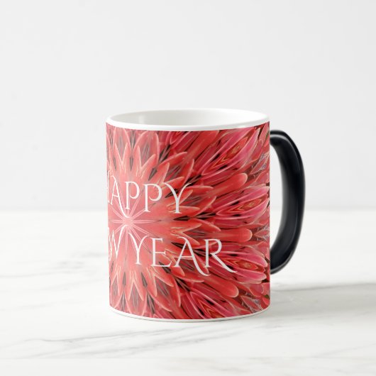 Kaleidoskop Design Red Blume Happy Neujahrstext Verwandlungstasse (VorderseiteRechts)