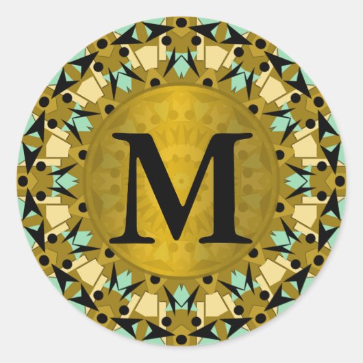 Kaleidoskop Gold, grüner Monogramm-Rundkleber Runder Aufkleber (Vorderseite)