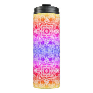 Kaleidoskop-Mandala in Blau, Gelb und Pink Thermosbecher