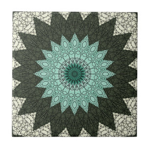 Kaleidoskop Mandala in Grün und Blau Fliese