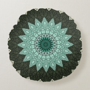Kaleidoskop-Mandala in Grün und Blau Rundes Kissen