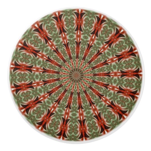 Kaleidoskop Mandala Keramik Knopf in Rot und Grün Keramikknauf (Vorderseite)