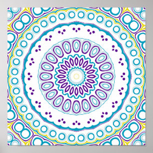 Kaleidoskop-Medaillon in Lila und Blau auf Weiß Poster