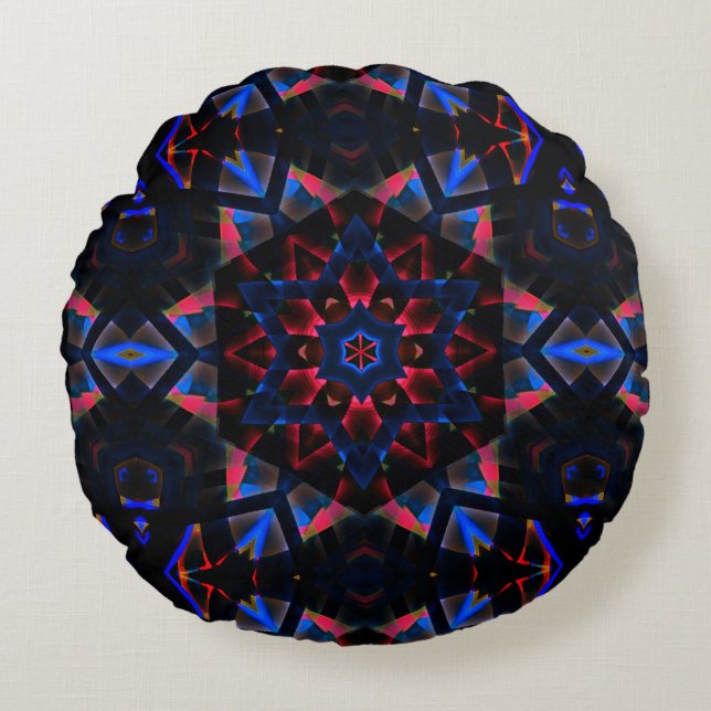 Kaleidoskop mit Hexagon, blau bis lachsfarbig Rundes Kissen (Vorderseite)