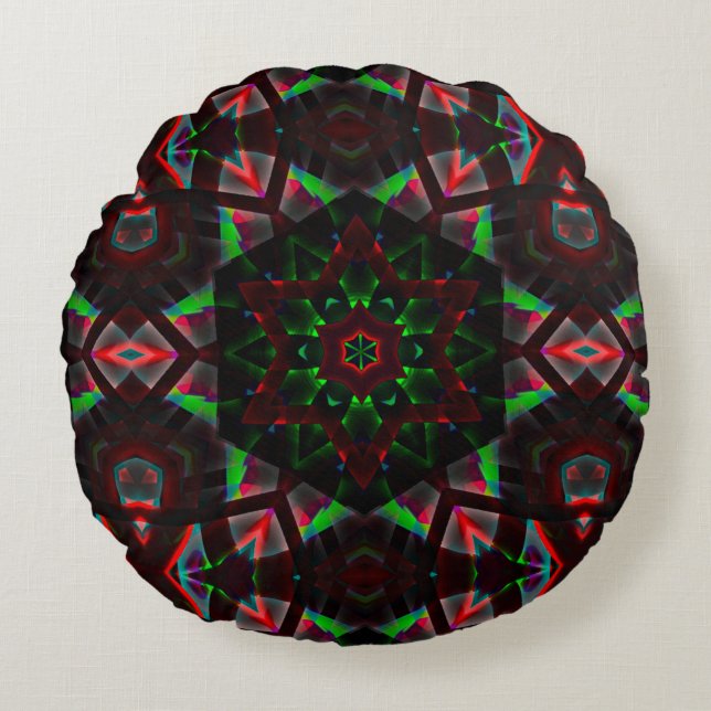 Kaleidoskop mit Hexagon, grün und rot Rundes Kissen (Vorderseite)
