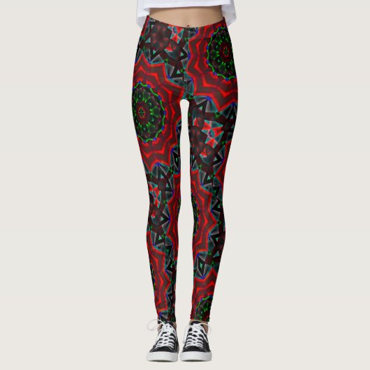 Kaleidoskop mit kreisförmigem, grünem und rotem Gr Leggings (Vorderseite)