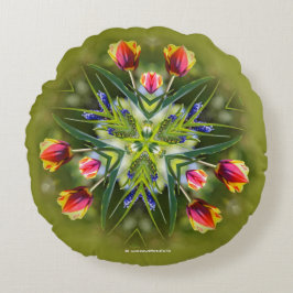 Kaleidoskopische Lila und goldfarbene Tulips Rundes Kissen