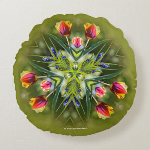 Kaleidoskopische Lila und goldfarbene Tulips Rundes Kissen