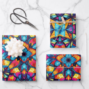 Kaleidoskopisches Faltpapier - Farbige Muster Geschenkpapier Set