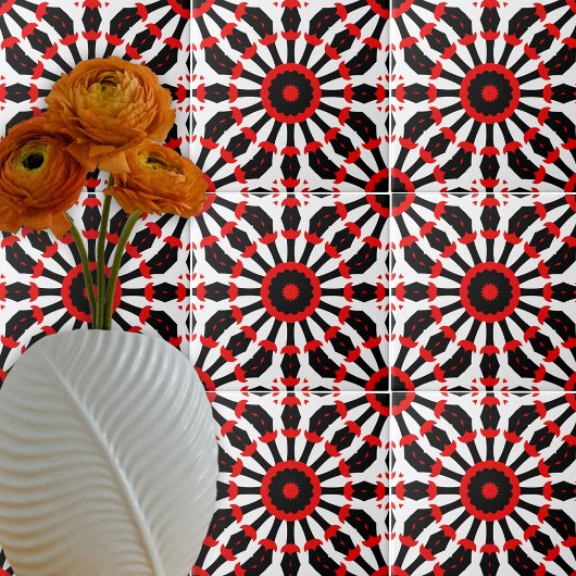 Kaleidoskopisches rotes Schwarz-weißes Mosaikmuste Fliese