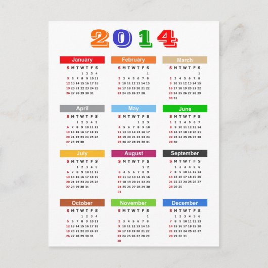Kalender 2014 - Standard-Thema mit mehreren Farben Postkarte (Vorderseite)