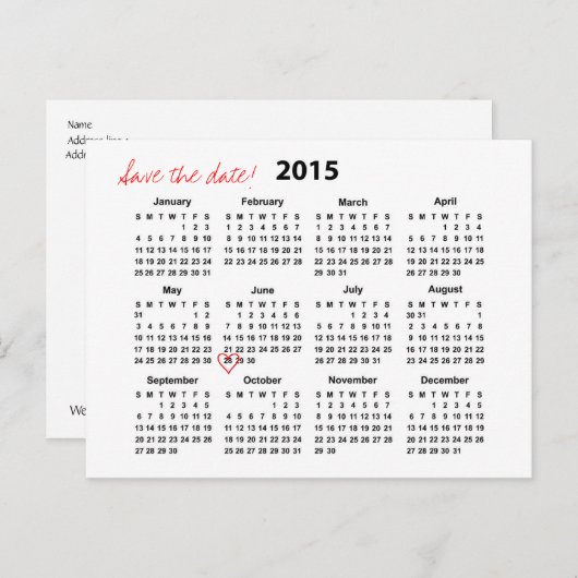 Kalender 2015 Save the Date Postkarte (Vorne/Hinten)