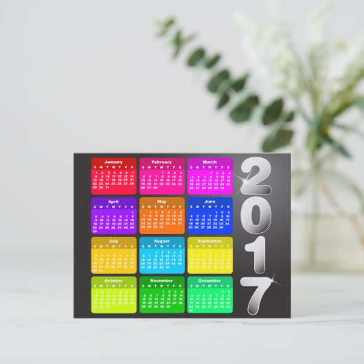 Kalender 2017 in kräftigen Regenbogenfarben Postkarte (Stehend Vorderseite)