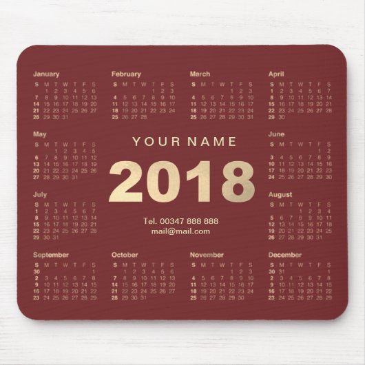 Kalender 2018 Burgund Gold Name Kontakt Webnummer Mousepad (Vorne)